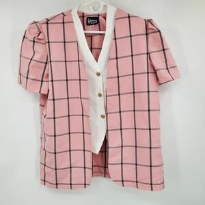 Whirlaway Frocks Vintage Pink Plaid Short Sleeve Blazer Vest Insert Size 20 USA